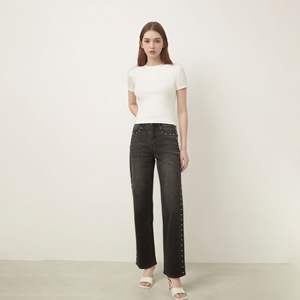 بنطلون جينز أسود عالي الخصر مزين بالمسامير للنساء، بنطلون مستقيم أنيق بتصميم روك، مع زخارف جانبية من البراشيم، مناسب للارتداء في الشارع والحفلات - Product Image 4