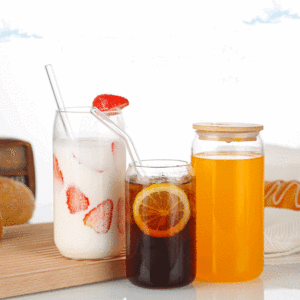 Nuevos vasos de vidrio transparentes de 16 oz con forma de lata para bebidas, tipo Mason Jar, sin BPA, con tapas de bambú y pajitas - Product Image 3