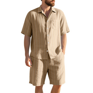 <span class=keywords><strong>Completo</strong></span> Estivo da <span class=keywords><strong>Uomo</strong></span> in <span class=keywords><strong>Lino</strong></span> a Righe, 2 Pezzi: Camicia a Maniche Corte con Bottoni e Pantaloncini da Spiaggia con Elastico in Vita - Product Image 5