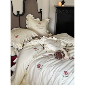 Juego de Ropa de Cama Girlish de Algodón de Fibra Larga 100S, con Bordado de Rosas y Borde con Volantes, 4 Piezas, para Uso Doméstico - Product Image 2