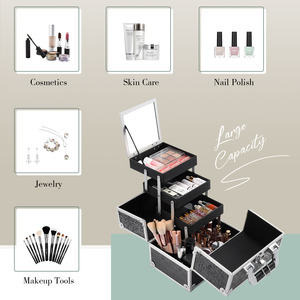 3 Trays <b>Makeup</b> Train <b>Case</b> with Mirror Cosmetic Organizer Box Nail Polish CasesTravel <b>Makeup</b> Box with Brush Holder Storage - Product Image 3