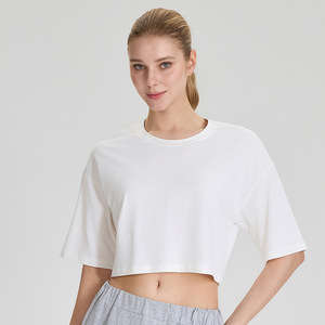 Camisetas Cortas de Yoga para Mujer, 50% Modal, 42% Algodón, 8% Elastano, Hombros Caídos, Cuello Redondo, Estilo Holgado, Color Sólido, Básicas - Product Image 5
