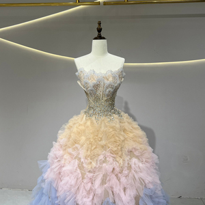 Robe de bal longue JFH78 unique et colorée, sans bretelles, avec décolleté cœur, en mousseline de soie, dentelle, perles, appliques et broderies - Product Image 4
