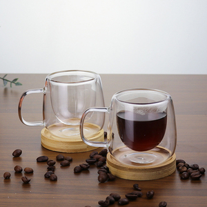 Tazas de Café de Vidrio Borosilicato Transparente de Doble Pared de 80 ml, Tazas de <span class=keywords><strong>Espresso</strong></span> con Asa y Bandeja de Bambú, Venta al Por Mayor - Product Image 1