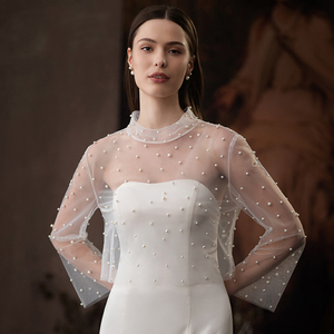 D1370 Châle de <span class=keywords><strong>mariage</strong></span> pour <span class=keywords><strong>femme</strong></span> à col montant, orné de perles cousues - Product Image 3