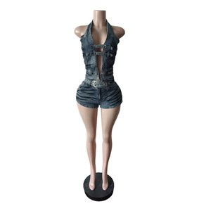 Completo Estivo da <span class=keywords><strong>Donna</strong></span> in <span class=keywords><strong>Denim</strong></span>, Top Corto Elasticizzato Stampato + Pantaloncini Coordinati, Set Due Pezzi Y2K in <span class=keywords><strong>Denim</strong></span> per <span class=keywords><strong>Donna</strong></span> - Product Image 4
