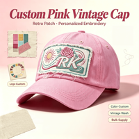 Casquette de baseball rétro vintage en coton lavé, douce, avec broderie personnalisée de patch fleur rose et logo, pour commande en gros