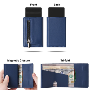 Hot Sale Trifold Premium Leather Cardholder RFID Protection <b>Metal</b> Aluminum Card Holder Slim Magnetic Pop up <b>Wallet</b> With Zipper - Product Image 3