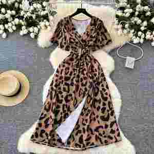 Vestido midi casual de verano con cuello en V y abertura, túnica ajustada con vendaje, manga corta, estampado de leopardo y encaje para mujer - Product Image 1