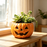 Pot Bunga Resin Wajah Hantu Labu Desain Khusus, Kerajinan Resin Labu Halloween Dilukis Tangan