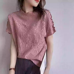 Women's Textured Floral Embossed 3D Flower <b>Top</b> Short Sleeve <b>Mock</b> <b>Neck</b> Casual Blouse T-Shirt Fashion - Product Image 5