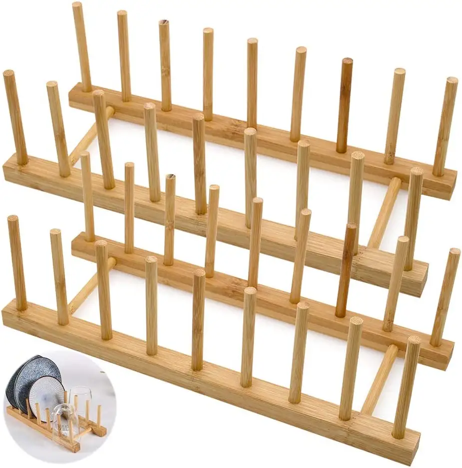 2 Pcs Plate Stand Racks Bamboo Dish Holder Cupboard Plate Stand Holders Kitchen Dish Stand for Cupboard
