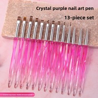 Nouvel ensemble de 13 pinceaux pour nail art en acrylique violet cristal, avec pinceaux carrés pour gel et stylos de dessin floral, fonctionnels