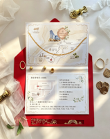 Ensemble d'invitations de mariage chinoises pliables rouges personnalisées avec feuille d'or, dragon et phénix, bilingues, traditionnelles, orientales, en velours