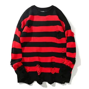 European and American Men's Ripped Striped Wool Sweater Couple Knitted Round Neck Loose Casual Soft Sweater