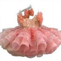 Robe tutu rose corail pour bébé avec bordure en plumes, corsage à paillettes scintillantes, jupe à volants, nœud assorti inclus, idéale pour les anniversaires