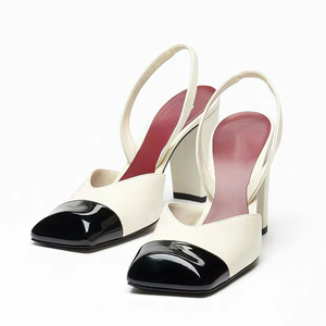 Sapatos Femininos com Tira Traseira, Salto Alto Grosso, Scarpin Patchwork, Sandálias Slingback de Bico Quadrado com Cores Vibrantes e Acabamento Brilhante - Product Image 3