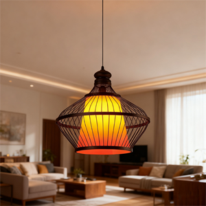 Suspension moderne en bambou de Chine avec lampe ronde en rotin fait main pour lustre d'hôtel de ferme - Product Image 2