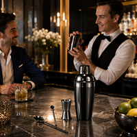Ensemble de shaker à cocktail noir canon de fusil 4 pièces en acier inoxydable, outils de bar Cobbler avec doseur, cuillère de bar et paille pour bar à domicile