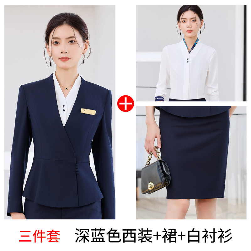 Three-piece suit: dark blue suit skirt and white shirt