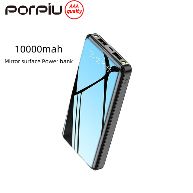 New 10000mAh Ultra Slim Li-Polymer Mirror Flashlight Power Bank 10W LED Digital Display High Capacity for Phones
