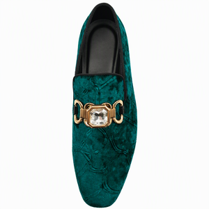 Mocasines de terciopelo verde esmeralda para hombre, zapatos de vestir sin cordones con punta redonda, hebilla con cadena de cristal dorado, para oficina, boda, fiesta, graduación - Product Image 3