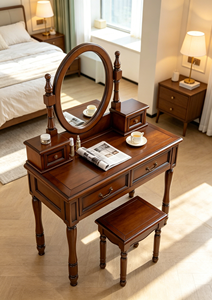 Traditional Solid Wood Makeup <b>Vanity</b> Set With <b>Mirror</b> And Stool 2 Drawers Mahogany Bedroom Dressing Table - Product Image 3