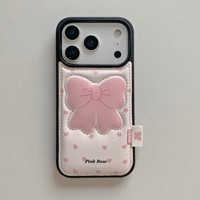 Coque de téléphone tendance en cuir texturé rose avec nœud, compatible iPhone 17 Pro Max, iPhone 16 et iPhone 15
