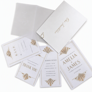 Suite d'invitations de mariage Art Déco en carton nacré avec impression dorée, monogramme personnalisé, <span class=keywords><strong>film</strong></span> offset imprimé sur vélin, RSVP et cartes de remerciement laminées - Product Image 1