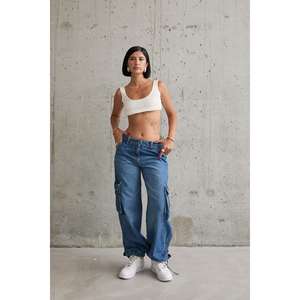 Pantalones Vaqueros Azules para Mujer, Estilo Cargo, con Bolsillos Laterales, 100% Algodón, Corte Ancho - Product Image 6