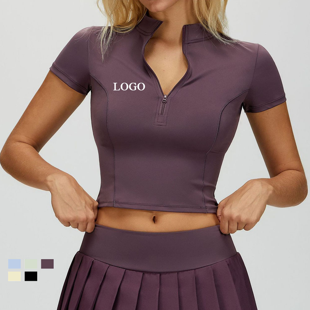 Custom High Stretchy Short Sleeve Gym Tshirts Active Tops Half Zip Slim Fit Breathable Running Sports Yoga Crop Tee Shirts