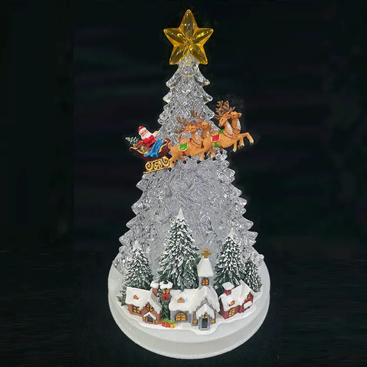 Suministros de decoración navideña pueblo navideño personalizado con ciervo tirado trineo estatuilla acrílico árbol de Navidad resina artesanal