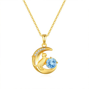 9 Lindos Collares Coreanos con Colgante de Gato Lunar de Piedra Natural Redonda de 6mm, Plata de Ley 925 Bañada en Oro, Joyería que No se Deslustra - Product Image 1