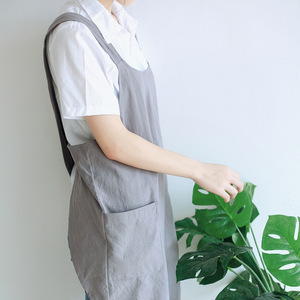 Tablier vintage japonais et coréen en <span class=keywords><strong>coton</strong></span> et lin à bretelles croisées, respirant pour l'été, sans nœud, 2 poches, pour fleuriste, cuisine, café, maison - Product Image 4