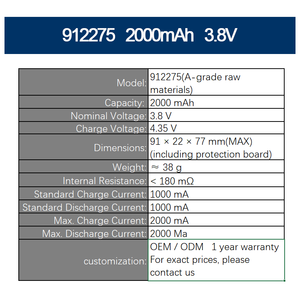 912275 2000mAh 3.8V(A-grade raw materials)Wholesale LiPo Li Ion <b>Battery</b> Cell Manufacturer Polymer Rechargeable Lithium Ion MSDS - Product Image 2