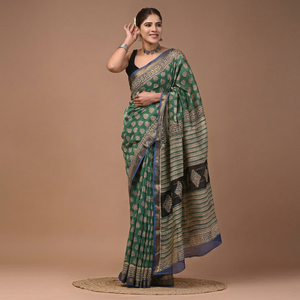 Sari en soie Maheshwari pure imprimé à la main avec pièce de blouse – Élégant soie Maheshwari pure – Vêtement ethnique imprimé à la main - Product Image 1