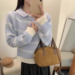 Suéter de punto a rayas con cuello medio cremallera, talla única, estilo coreano, ropa informal de moda para otoño e invierno para mujer - Product Image 4