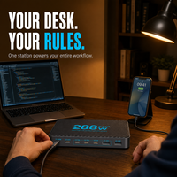 Chargeur de bureau USB-C GaN 288W 8-en-1 avec station de charge rapide PD 100W et câble rétractable pour ordinateur portable et tablette – Vente en gros