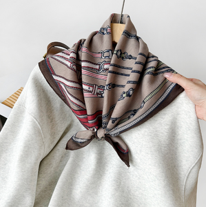 Elegant Women's 100% <b>Silk</b> <b>Square</b> <b>Scarf</b> Geometric Pattern Brown Orange Border Multi-Functional Fashion Accessory All Seasons - Product Image 5