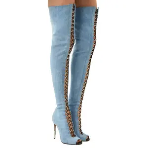 Женские джинсовые сапоги до бедра, высокие сапоги с квадратным открытым носком и шнуровкой спереди