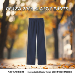 Pantalones Anchos Azul Marino para Mujer con Raya Lateral Beige, Cintura Elástica, Corte Holgado Informal, Pantalones de Punto Largos - Product Image 2