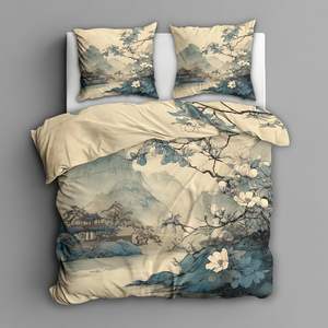 Parure de <span class=keywords><strong>lit</strong></span> <span class=keywords><strong>montagne</strong></span> bleue à motifs floraux, 3 pièces, housse de couette en microfibre douce à motifs avec attaches à fermeture éclair et 2 taies d'oreiller - Product Image 4