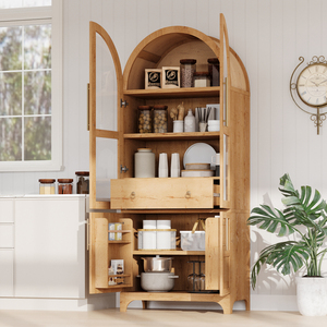 Armadio dispensa da cucina ad arco alto 71 pollici K&K con ante in vetro e ripiani regolabili, mobiletto contenitore stile rustico - Product Image 3