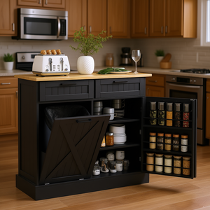 Meuble de cuisine style farmhouse avec poubelle dissimulée, 2 tiroirs inclinables, base noire pour rangement de cuisine - Product Image 2