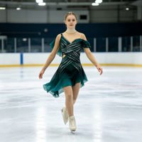 Robe de patinage artistique vert foncé à épaules dénudées, costume décoré de strass pour la compétition et les spectacles des adultes et des enfants