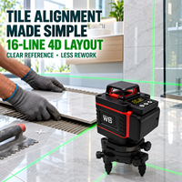 Niveau laser vert professionnel industriel 4D à 16 lignes, auto-nivelant 360°, alimenté par batterie 18V DC pour la construction de sols