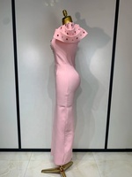 Robe longue moulante élégante pour femme, à manches à volants, ornée de perles, style bandage, rose et noir, pour soirée, anniversaire, cérémonie, en maille