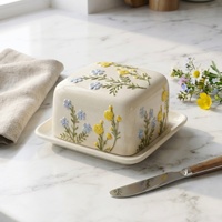 Pot à beurre en céramique style ferme avec couvercle floral en relief, boîte de rangement peinte à la main pour comptoir de cuisine