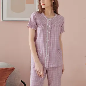 Set piyama merah muda kustom, setelan piyama leher V Panjang warna polos kualitas tinggi desain modis untuk wanita - Product Image 1