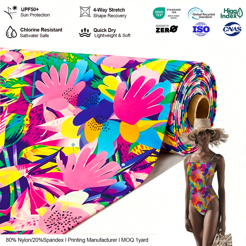 Custom Printed 80 Nylon 20 Spandex Fabric High Elastic Dry Fit Jersey Print Fabric for Swimwear Dance Wear